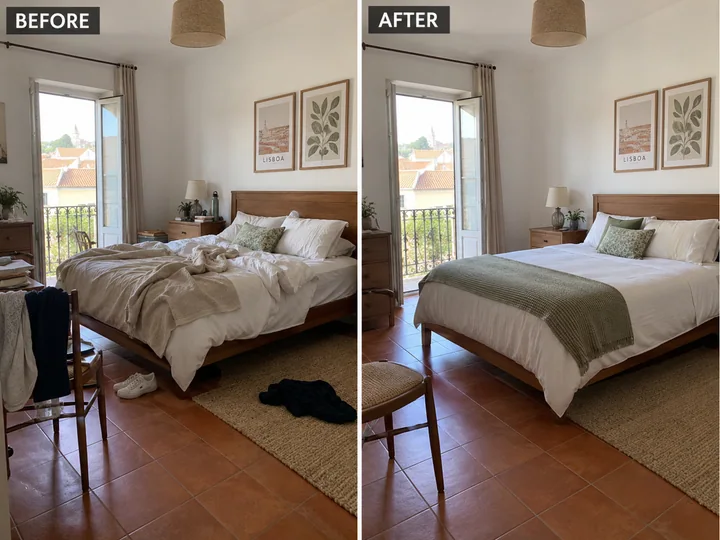 Before on the left and after on the right: Bedroom presentation