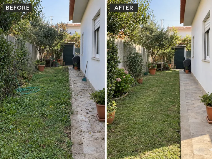 Before on the left and after on the right: Garden and pathway tidy-up